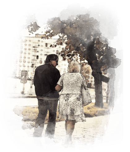 Schweiz. Verband der Bestattungsdienste Ein Mann und eine Frau gehen die Straße entlang.