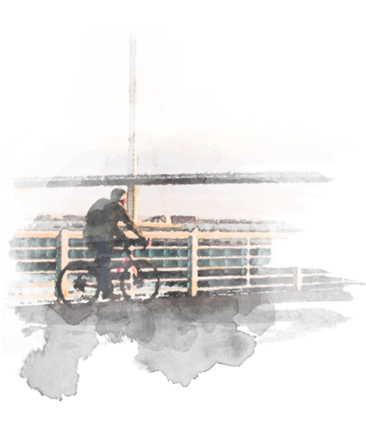 Schweiz. Verband der Bestattungsdienste A person riding a bicycle near a bridge.