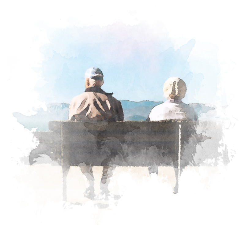 Schweiz. Verband der Bestattungsdienste Due anziani seduti su una panchina guardando l'oceano.
